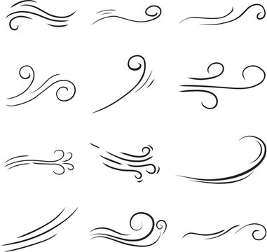 Doodle wind line sketch set. Hand drawn doodle wind motion, smoke flow art, abstract line Vector illustration