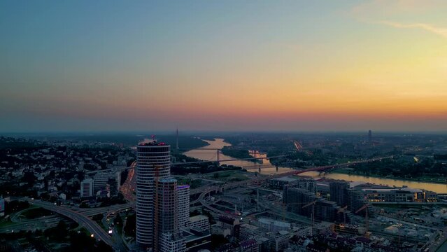 Belgrade Waterfront During Sunset, Golden Evening in Capital of Serbia, Construction Pano