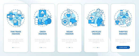 Fototapeta na wymiar 2D icons representing sustainable fashion mobile app screen set. Walkthrough 5 steps blue graphic instructions with linear icons concept, UI, UX, GUI template.