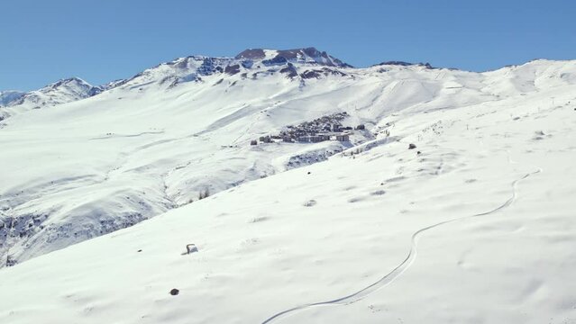 Aerial parallax shot of the exclusive la Parva Ski resort in the Andean Mountains