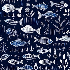 seamless pattern with fishes, seamless repeating pattern, indigo resist, indigo dye, traditional german style, primative, simple, fish, playful,  tile