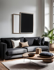 Modern living room simple interior design with black fabric sofa and cushions and blank poster frame