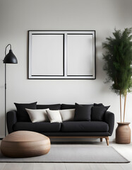 Modern living room simple interior design with black fabric sofa and cushions and blank poster frame