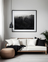 Simple interior design of a modern living room with black fabric sofa and cushions and poster frame