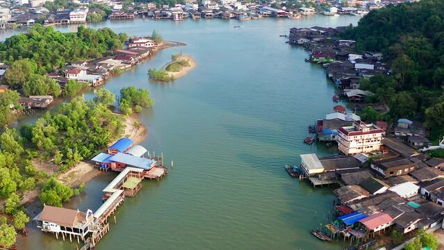 Aerial city view of Ranong and its estuary, Thailand