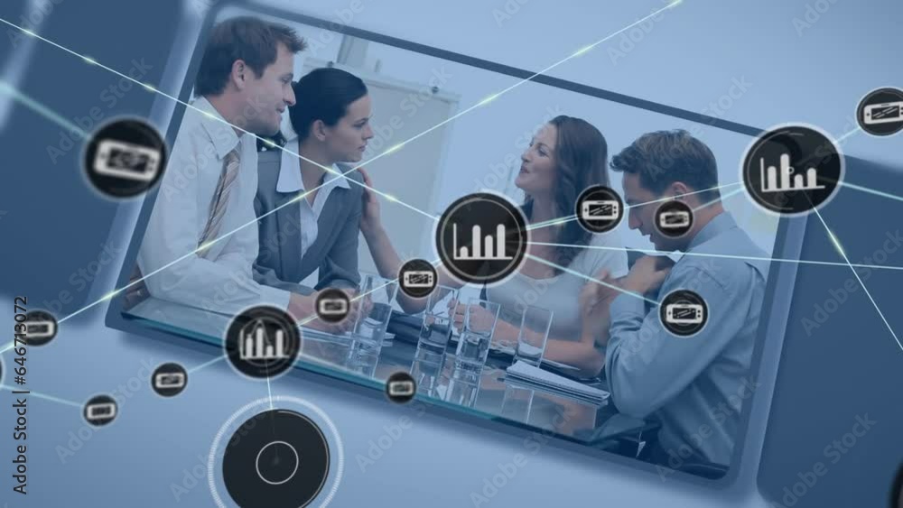 Poster animation of network of digital icons against business concept data processing on tablet screen