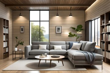 Corner sofa and rustic coffee table against wood l