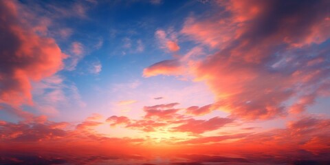 Panoramic landscape of bright red orange sunrise sunset as texture background as template, page or web banner, Generative AI - obrazy, fototapety, plakaty
