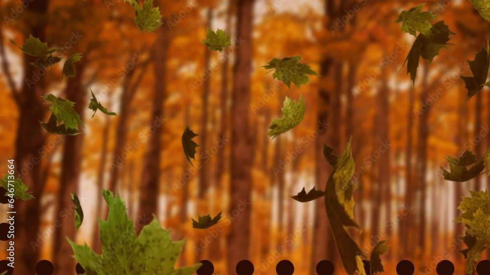 Aufkleber animation of autumn leaves floating against trees in the park with copy space