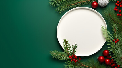 Flat lay Christmas composition. Round Paper blank pistal background