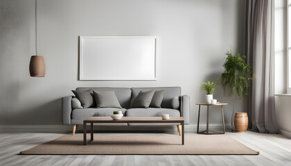 Modern living room simple interior design with gray fabric sofa and cushions and blank poster frame