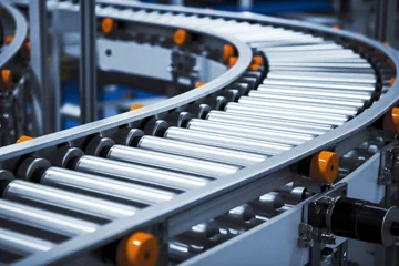Fotobehang Crossing of the roller conveyor, Production line conveyor roller transportation objects, Generative AI © Lens Legends
