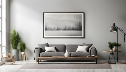 Simple interior design of a modern living room with gray fabric sofa and cushions and poster frame