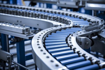 Crossing of the roller conveyor, Production line conveyor roller transportation objects, Generative AI - obrazy, fototapety, plakaty