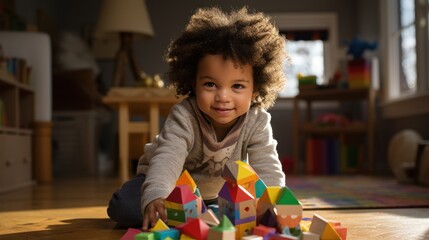 African American toddler playing with colorful wooden block toys