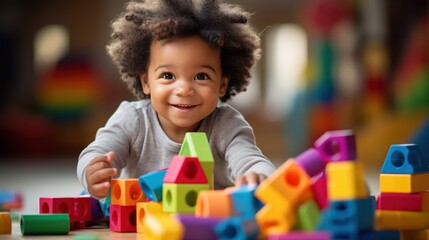 Fototapeta na wymiar African American toddler playing with colorful wooden block toys