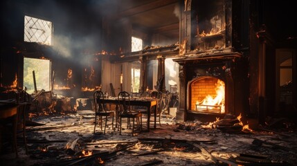 After the house fire, The inside of the house was destroyed in the building after the fire.