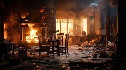 After the house fire, The inside of the house was destroyed in the building after the fire.