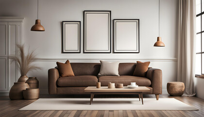Modern living room simple interior design with brown fabric sofa and cushions and blank poster frame