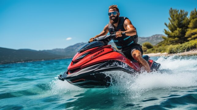 Man driving a jet ski and having fun during summer vacation