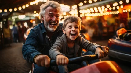 Schilderijen op glas Grandfather and grandson smile and have fun while driving a bumper car in an amusement park. © sirisakboakaew