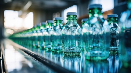 Drinks are bottled in plastic bottles in a clean factory.