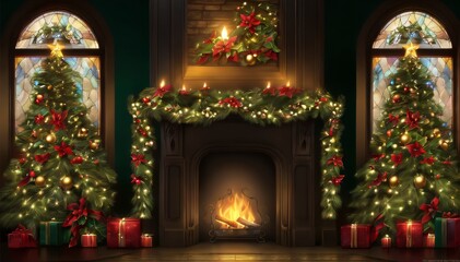 Two Christmas trees around a lit fireplace