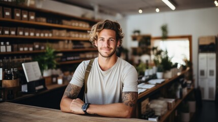 Fototapeta premium The owner is a young man who runs the grocery store.
