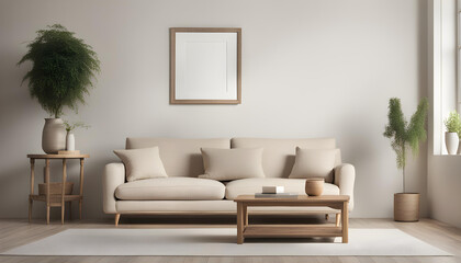 Modern living room simple interior design with beige fabric sofa and cushions and blank poster frame