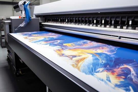 Industrial printing on woven material modern digital inkjet printer puts a blue pattern picture on a cloth canvas, Generative AI