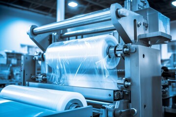 Automatic polyethylene plastic bag production machine with lighting effect. Close-up of the roller of the plastic bag production machine in the light blue scene. product packaging, Generative AI - obrazy, fototapety, plakaty