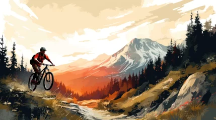 Schilderijen op glas A woman riding a mountain bike rides a bicycle in a summer mountain forest landscape. © sirisakboakaew