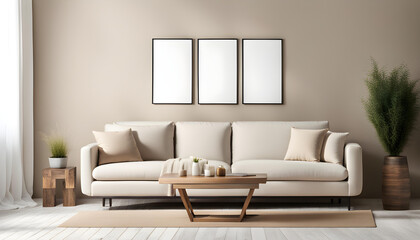 Modern living room simple interior design with beige fabric sofa and cushions and blank poster frame