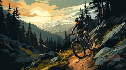 Zelfklevend Fotobehang A woman riding a mountain bike rides a bicycle in a summer mountain forest landscape. © sirisakboakaew