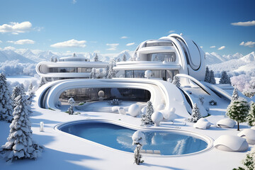 Generative AI Image of Futuristic House Building with Nature View in Snow Season - obrazy, fototapety, plakaty