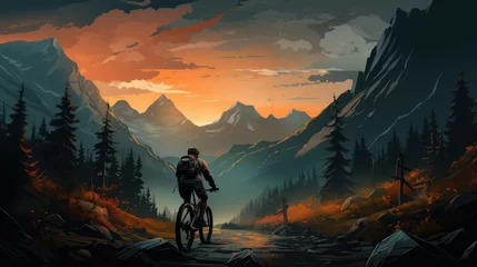 Fotobehang A woman riding a mountain bike rides a bicycle in a summer mountain forest landscape. © sirisakboakaew