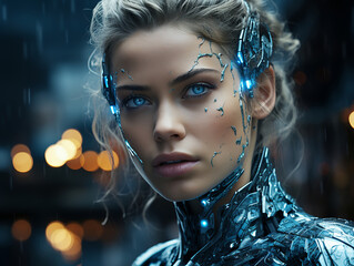 Cyborg woman against the backdrop of a night city. Fantasy. 