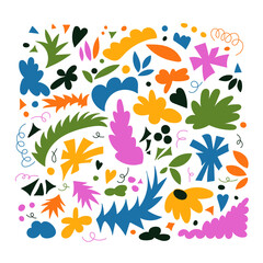 Set of abstract hand drawn organic shapes. Modern doodle, line, nature, flower elements. Collection of colorful vector illustrations for print, posters, social media posts, apparel, stickers designs