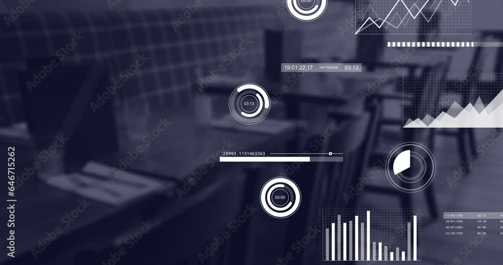 Poster animation of interface with statistical data processing against empty cafe at office