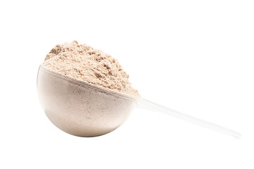 Chocolate protein powder in measuring spoon isolated on transparent background