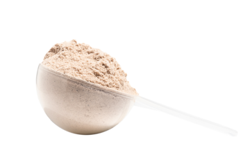 Chocolate protein powder in measuring spoon isolated on transparent background