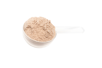 Chocolate protein powder in measuring spoon isolated on transparent background