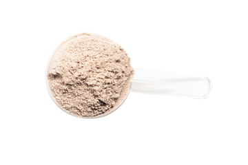 Chocolate protein powder in measuring spoon isolated on transparent background