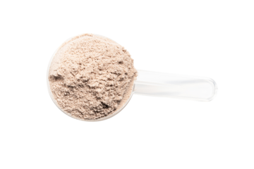 Chocolate protein powder in measuring spoon isolated on transparent background