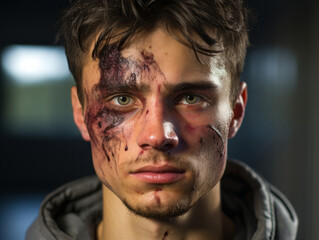 Obraz premium A young man with a broken face, wounds and scratches. 