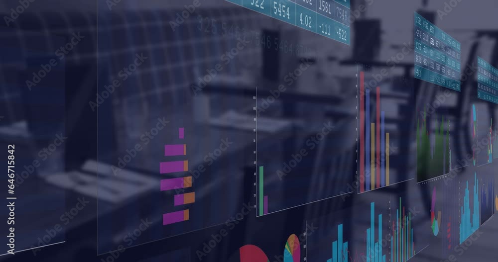 Poster animation of interface with statistical data processing against empty cafe at office