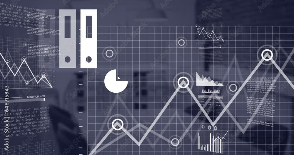 Poster animation of interface with statistical data processing against empty conference room at office