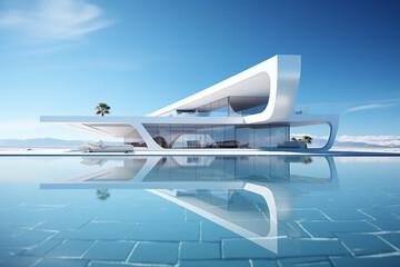 Generative AI Image of Futuristic Resort Hotel Building with Swimming Pool in Bright Day