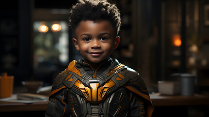 Handsome little black skin boy in fictional hero costume at home - obrazy, fototapety, plakaty
