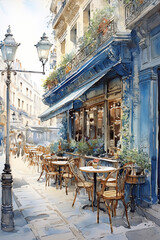 Fototapeta na wymiar Paris cafe in watercolour sketch drawing
